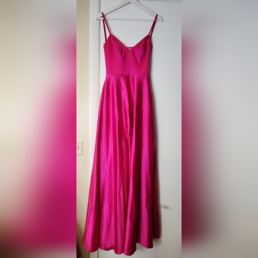 JULES AND CLEO DAVID'S BRIDAL Satin Spaghetti Strap A Line Dress Hot Pink Size 4 - Picture 6 of 15